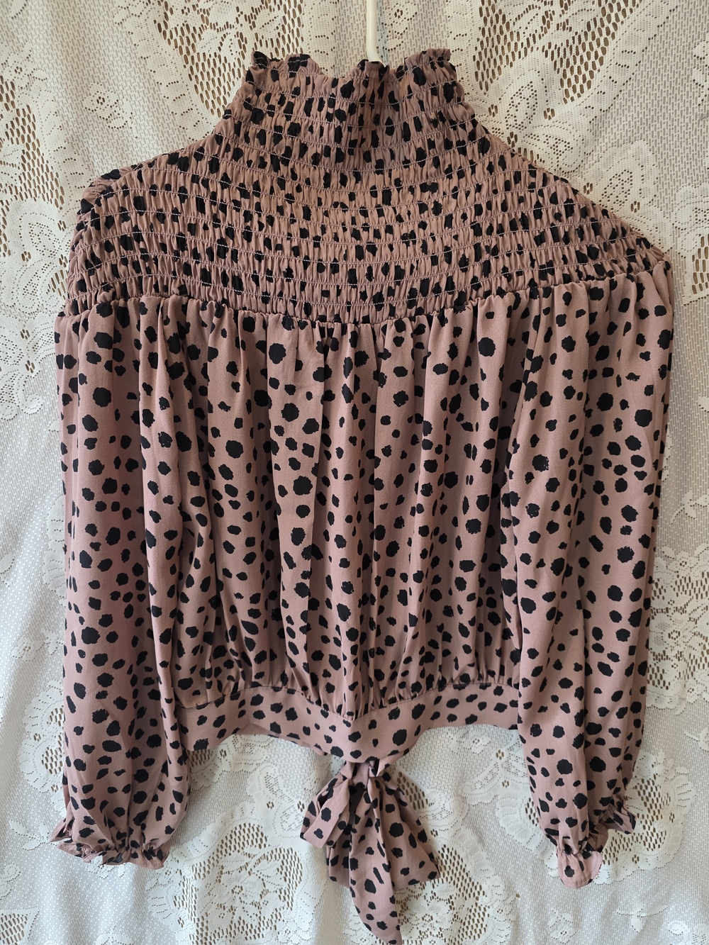 Smocked High-Neck Pink Blouse with Black Spot Print and Tie Hem